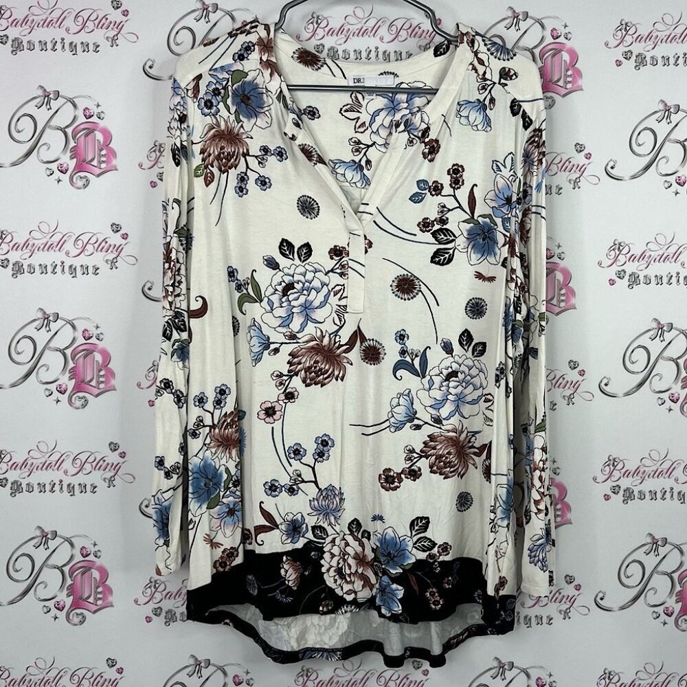 DR2 long sleeve floral flowers top stretchy Cream Floral Button Down Shirt